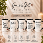 Five white ceramic mugs with black handles and interiors are lined up on a marble surface in a warm, styled interior setting. The mugs feature different motivational scripture designs with black text and small red cherry accents.