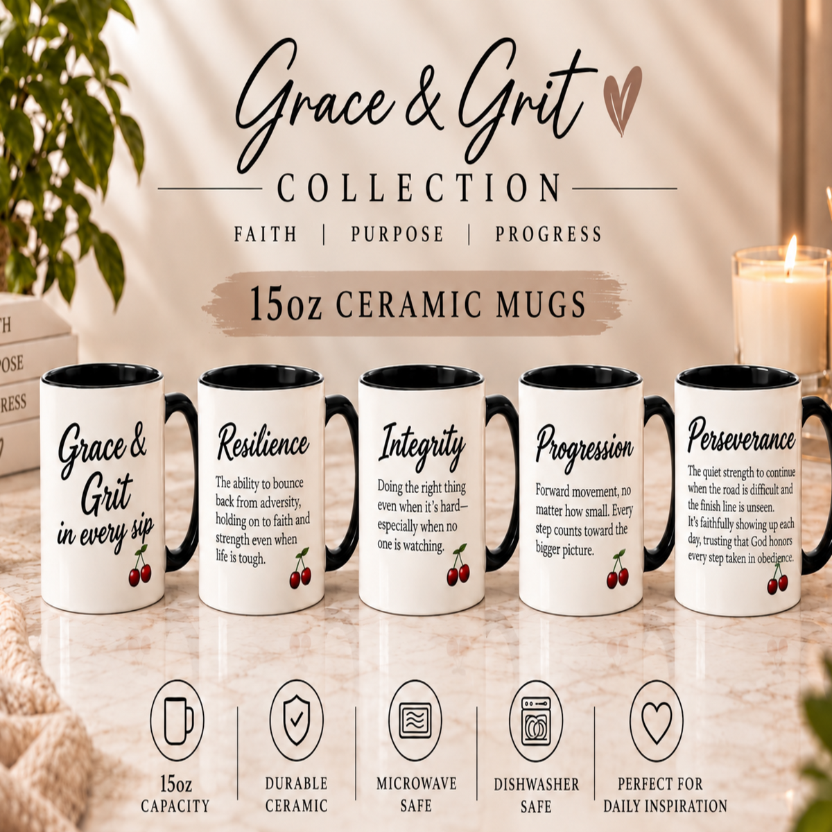 Five white ceramic mugs with black handles and interiors are lined up on a marble surface in a warm, styled interior setting. The mugs feature different motivational scripture designs with black text and small red cherry accents.