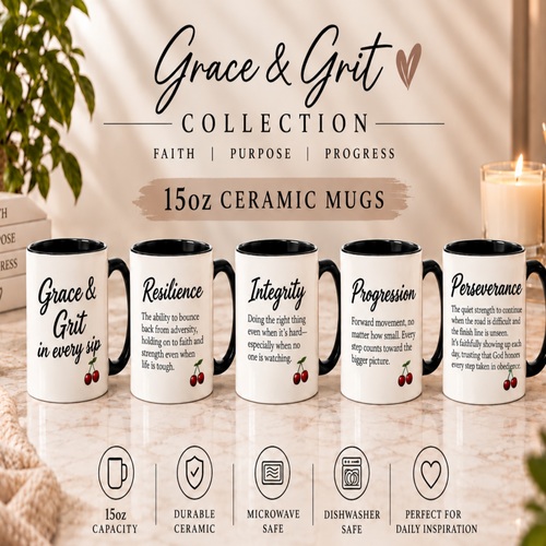 Five white ceramic mugs with black handles and interiors are lined up on a marble surface in a warm, styled interior setting. The mugs feature different motivational scripture designs with black text and small red cherry accents.